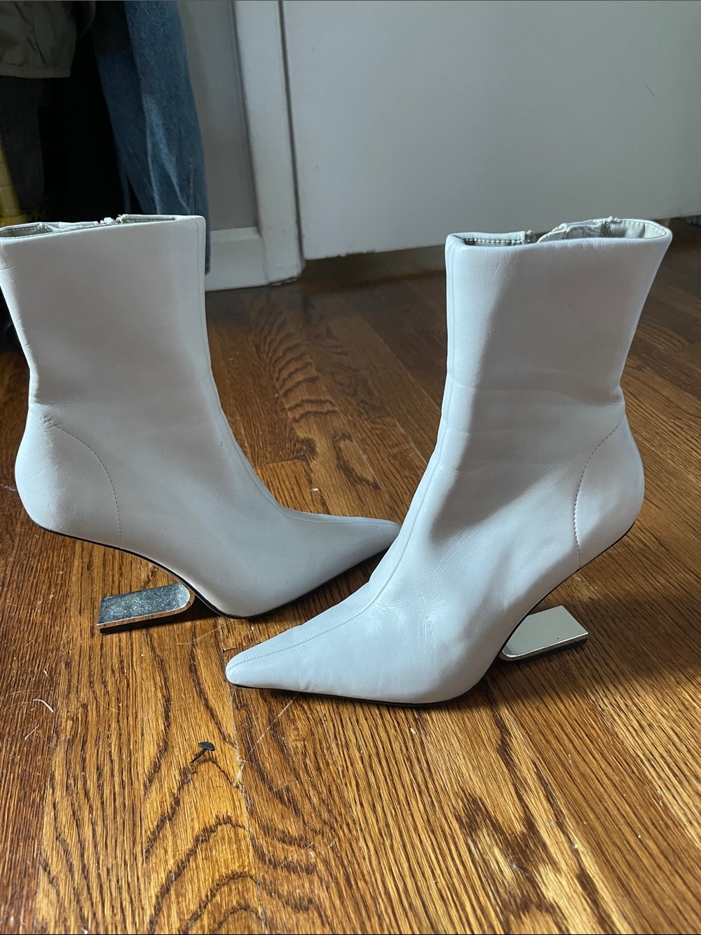 Jeffrey Campbell White Pointed Metallic Heel Ankle Boots